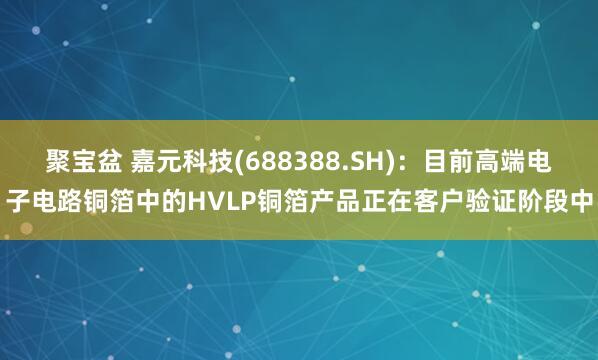 聚宝盆 嘉元科技(688388.SH)：目前高端电子电路铜箔中的HVLP铜箔产品正在客户验证阶段中